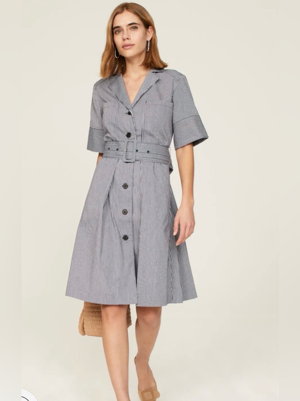 $360 Adam Lippes Striped Belted Shirt Dress in Blue Sz 2 work missing buckle